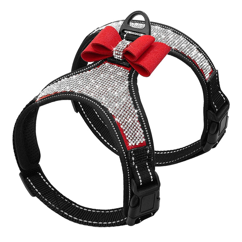 Peitoral Refletivo com Laço de Strass para Cães – Nylon Resistente, Estilo Bling e Alta Visibilidade | Para Raças Pequenas e Médias