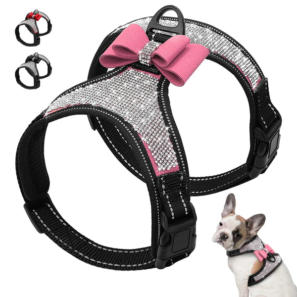 Peitoral Refletivo com Laço de Strass para Cães – Nylon Resistente, Estilo Bling e Alta Visibilidade | Para Raças Pequenas e Médias