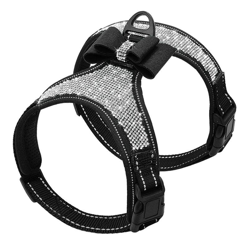 Peitoral Refletivo com Laço de Strass para Cães – Nylon Resistente, Estilo Bling e Alta Visibilidade | Para Raças Pequenas e Médias