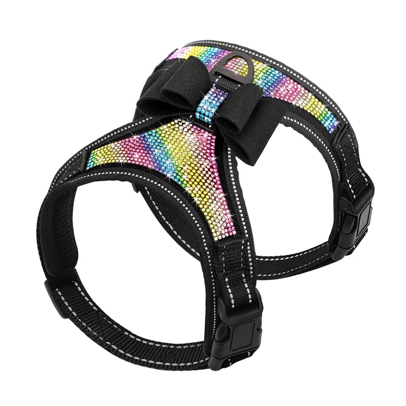 Peitoral Refletivo com Laço de Strass para Cães – Nylon Resistente, Estilo Bling e Alta Visibilidade | Para Raças Pequenas e Médias