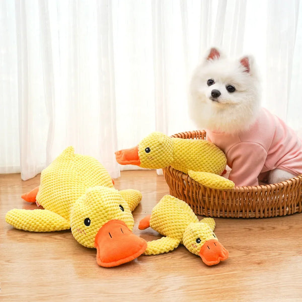 Brinquedo de Pelúcia Patinho Amarelo com Apito – Calmante, Mordedor e Travesseiro para Filhotes e Cães de Pequeno Porte