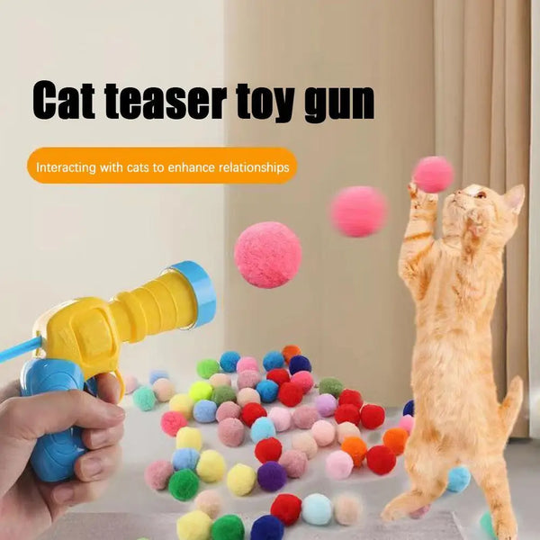 Brinquedo Interativo com Lançador para Gatos – Pistola Criativa com Bolinhas de Pelúcia | Estimula o Instinto Caçador do Seu Gato